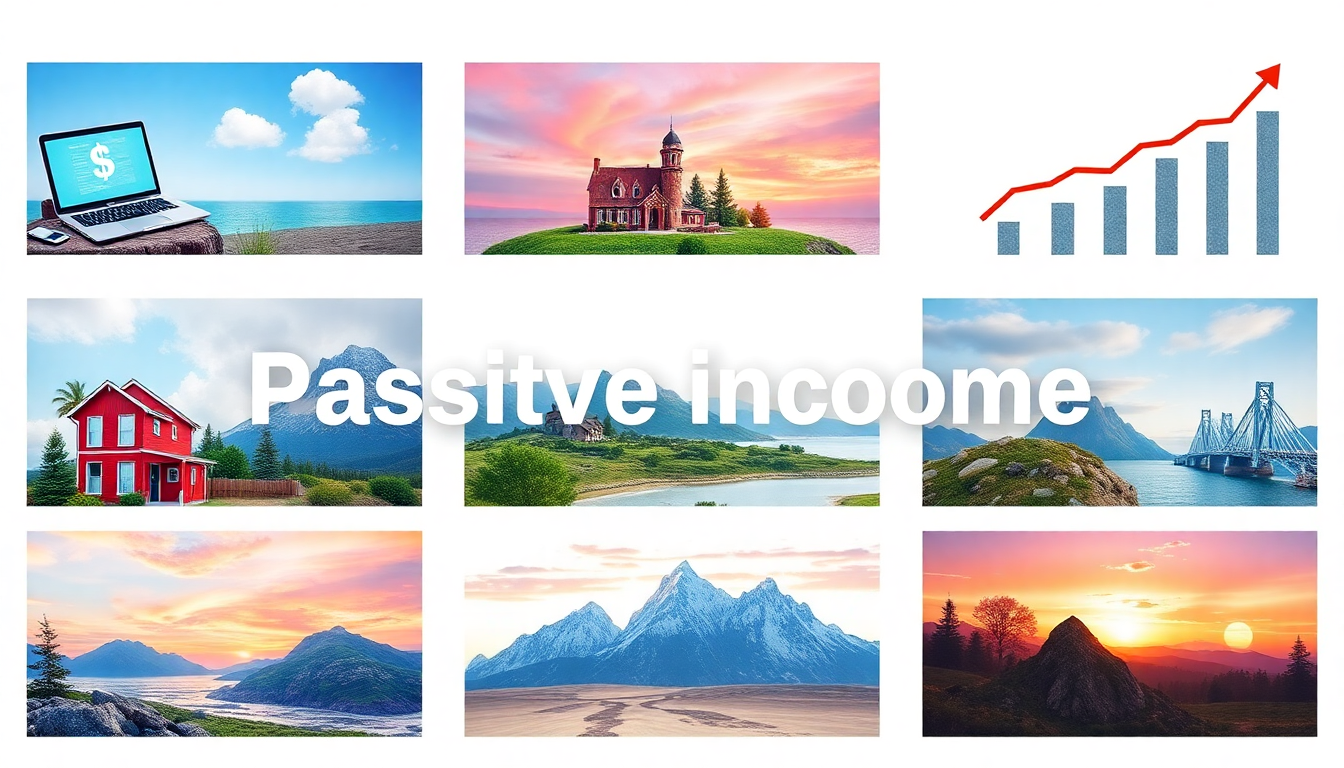Collage of landscape photos (sea, red house, mountains) with a red upward-trending chart and the words 'Passive income' across the center.