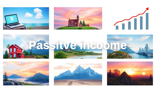 Collage of landscape photos (sea, red house, mountains) with a red upward-trending chart and the words 'Passive income' across the center.