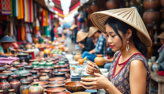 A woman in a conical hat sits at a pottery market stall, holding a small bowl and chopsticks amid numerous ceramic pots.