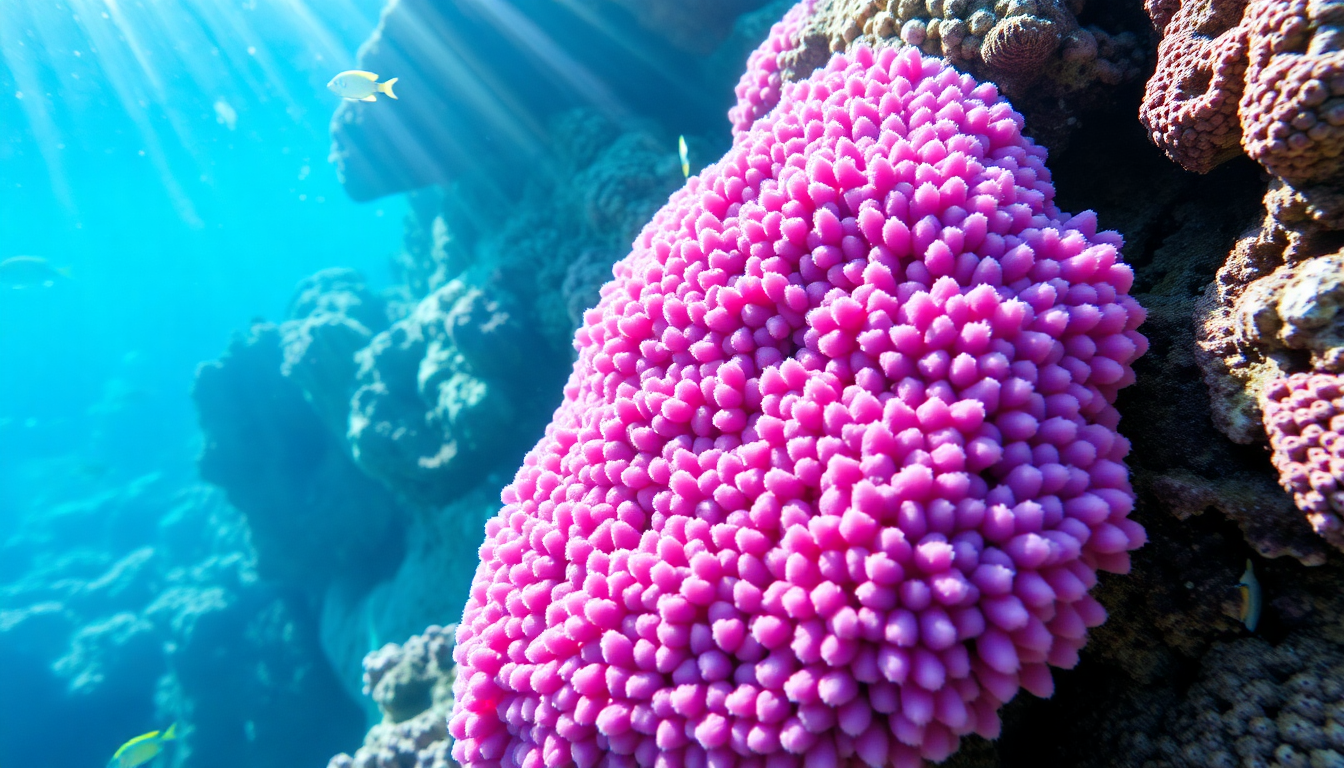Vibrant pink bubble coral colony with densely packed rounded polyps attached to a rocky reef under clear blue water.