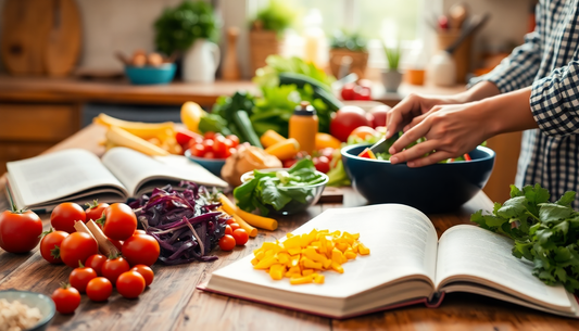 Open cookbook on a wooden table with chopped yellow bell pepper and a variety of fresh vegetables for meal prep.