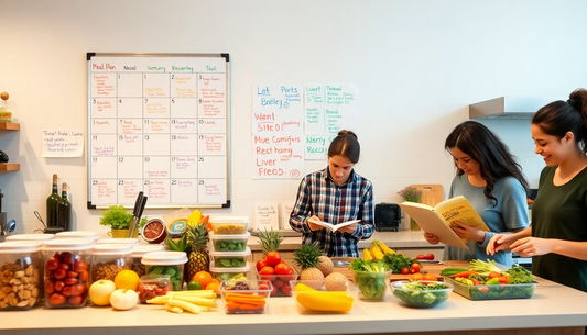 Three young women in a bright kitchen stand around a white island filled with bowls of vegetables, fruit, and herbs.