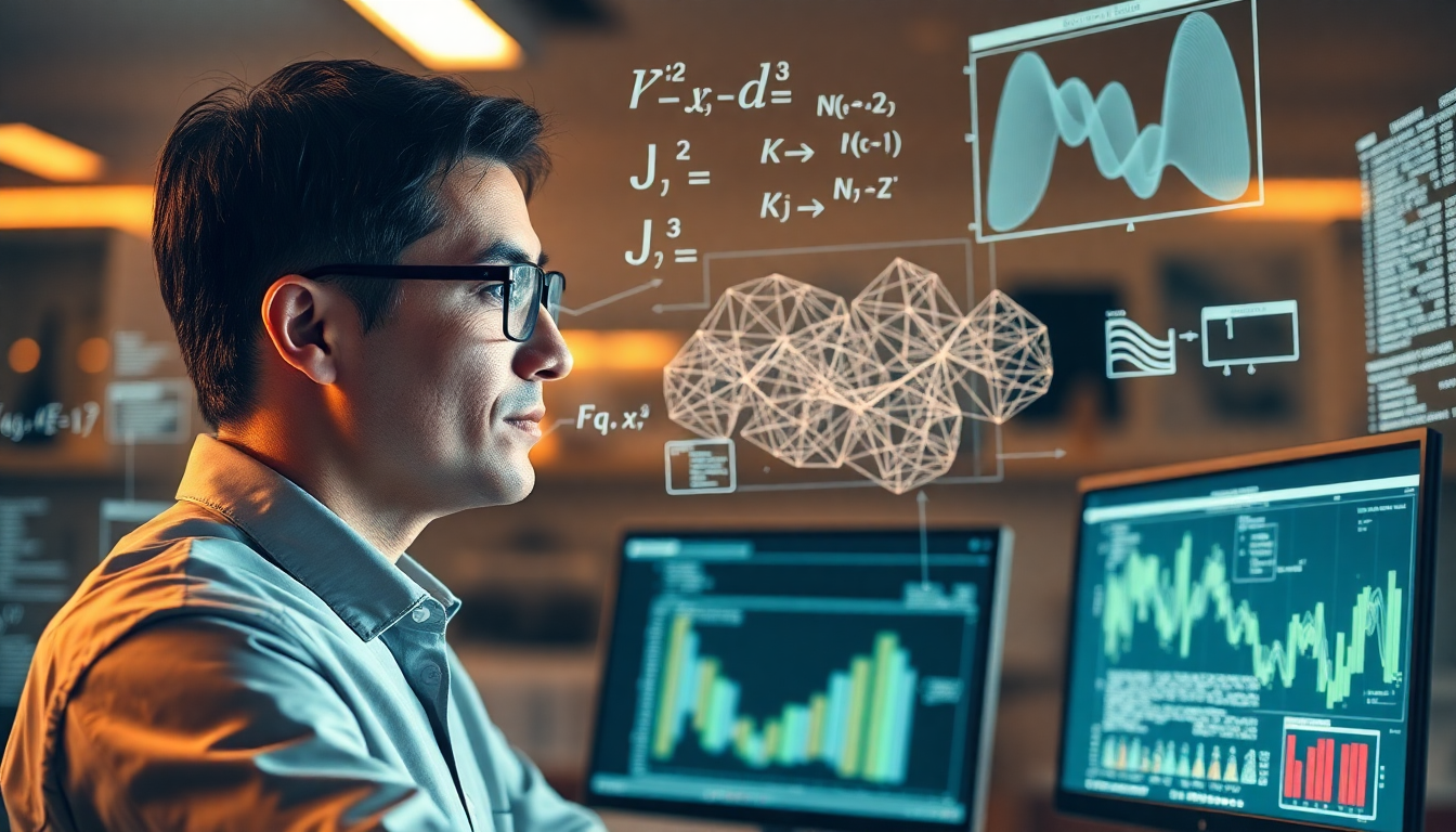 Profile of a man in glasses and a blue shirt looking at two monitors displaying colorful charts, with holographic graphs and a neural