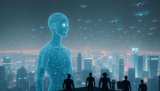 A large blue holographic humanoid figure overlooks a futuristic city skyline with drones flying above.