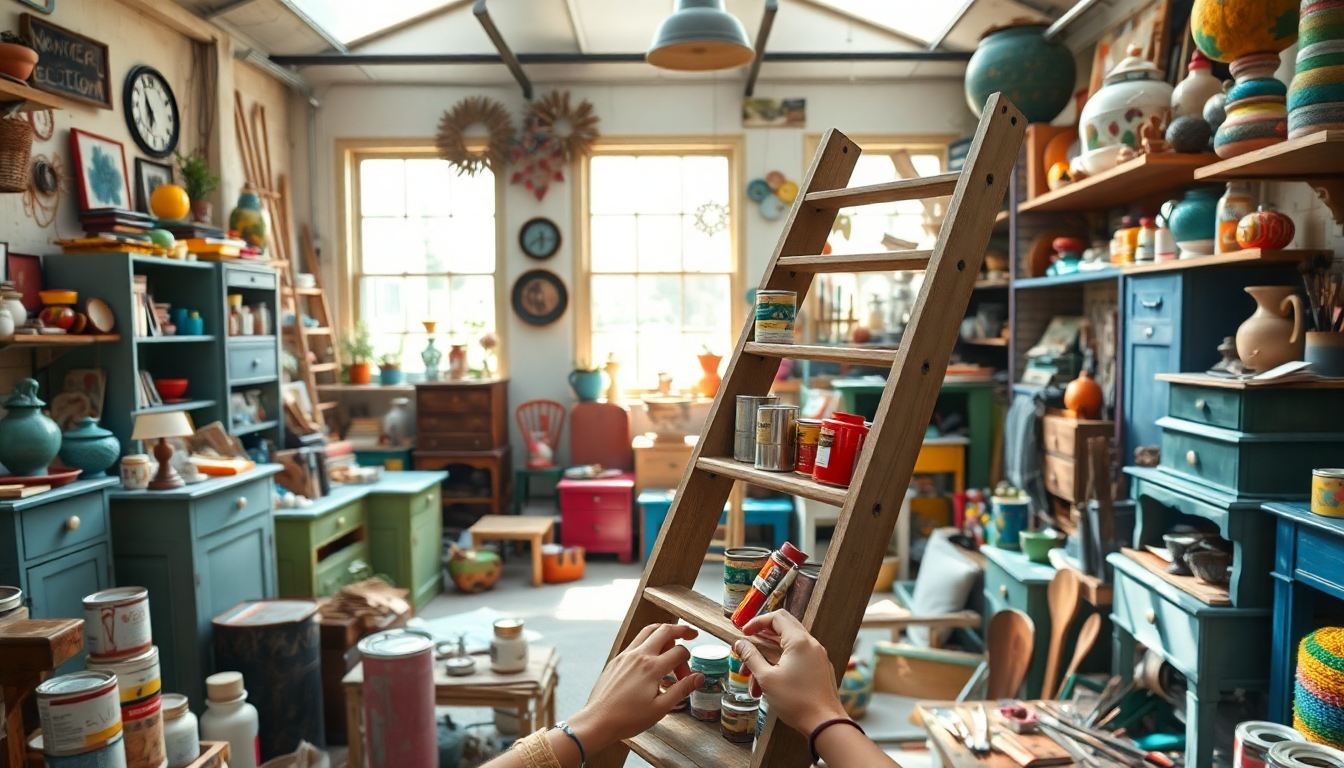 Bright, cluttered craft room with a wooden ladder in the center and walls lined with paint cans, pottery, and tools.