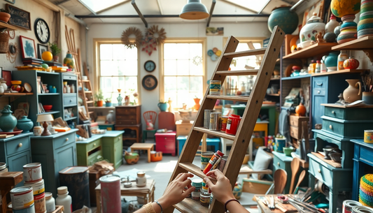 Bright, cluttered craft room with a wooden ladder in the center and walls lined with paint cans, pottery, and tools.