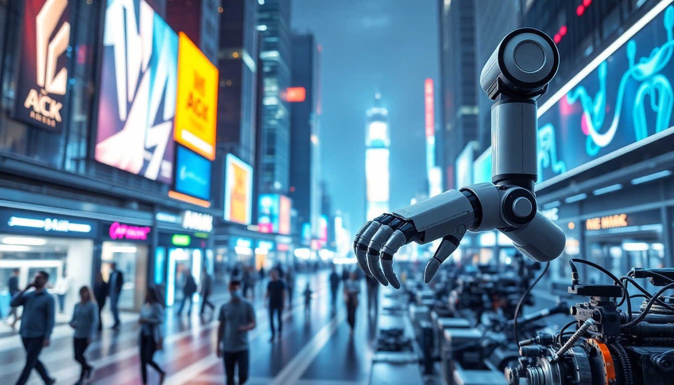 Close-up of a gray robotic arm with articulated fingers reaching over a busy neon-lit urban street.