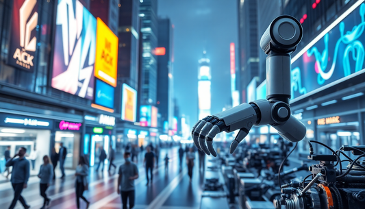 Close-up of a gray robotic arm with articulated fingers reaching over a busy neon-lit urban street.