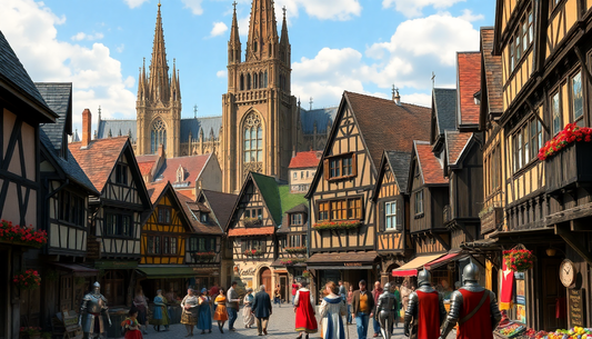A medieval street scene with timber-framed houses, a Gothic cathedral in the background, and people in period clothing.