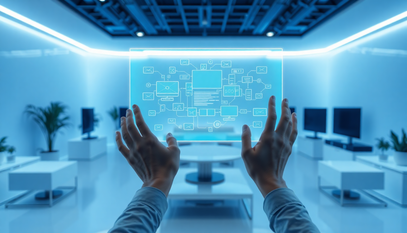 Two hands reach toward a glowing blue holographic screen displaying interconnected icons in a modern, futuristic conference room.