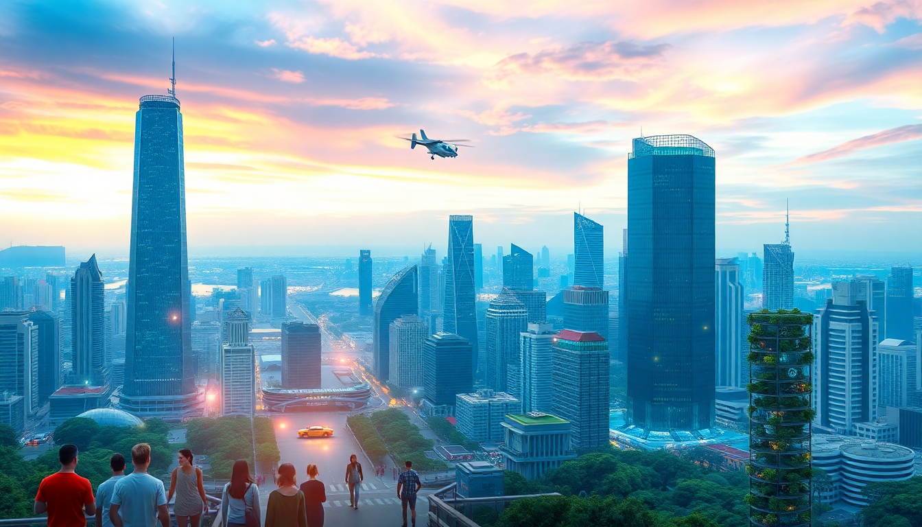 Overlook of a modern city skyline at sunset with tall glass skyscrapers, a helicopter, and pedestrians on a crosswalk.