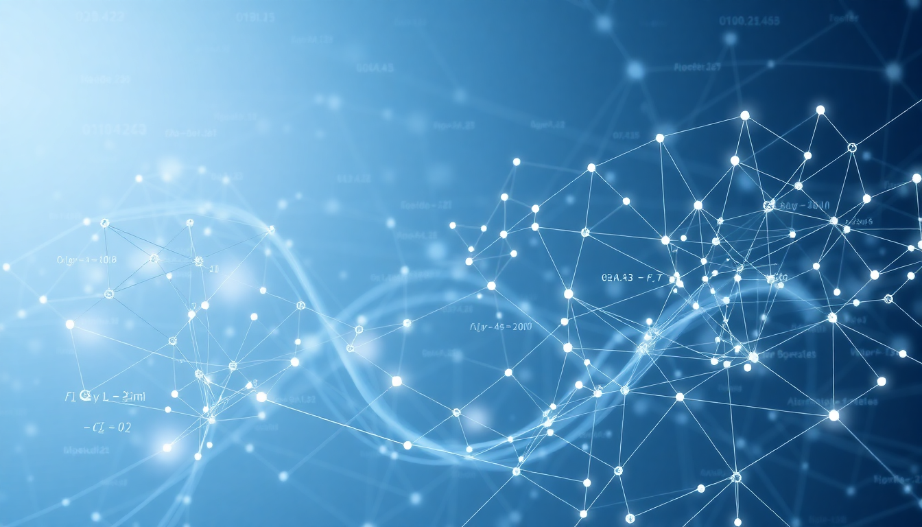 Blue abstract network of interconnected white nodes and lines on a gradient background.