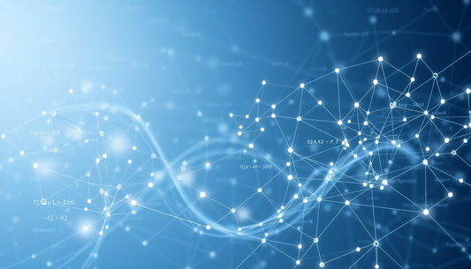 Blue abstract network of interconnected white nodes and lines on a gradient background.