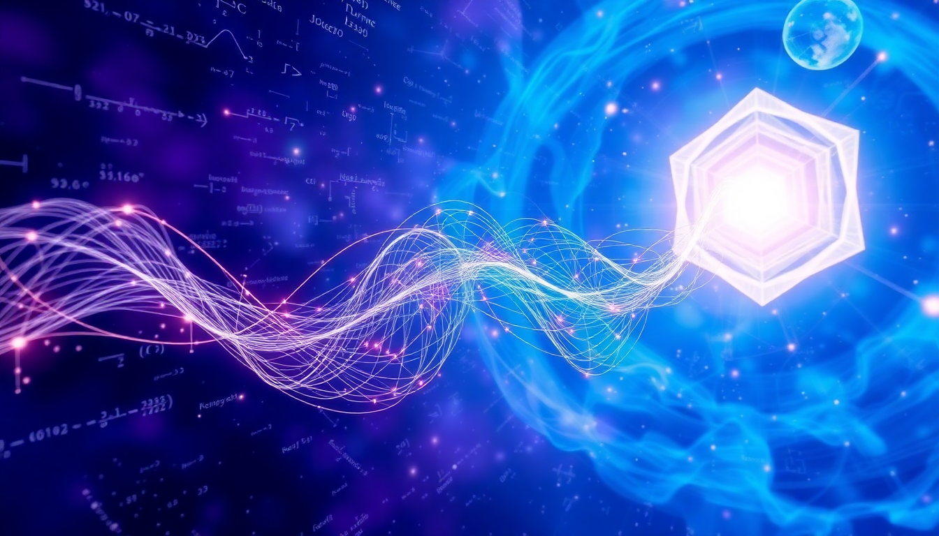 Abstract sci‑fi style image with purple and blue light streams swirling toward a glowing hexagonal prism in a digital, starry background.