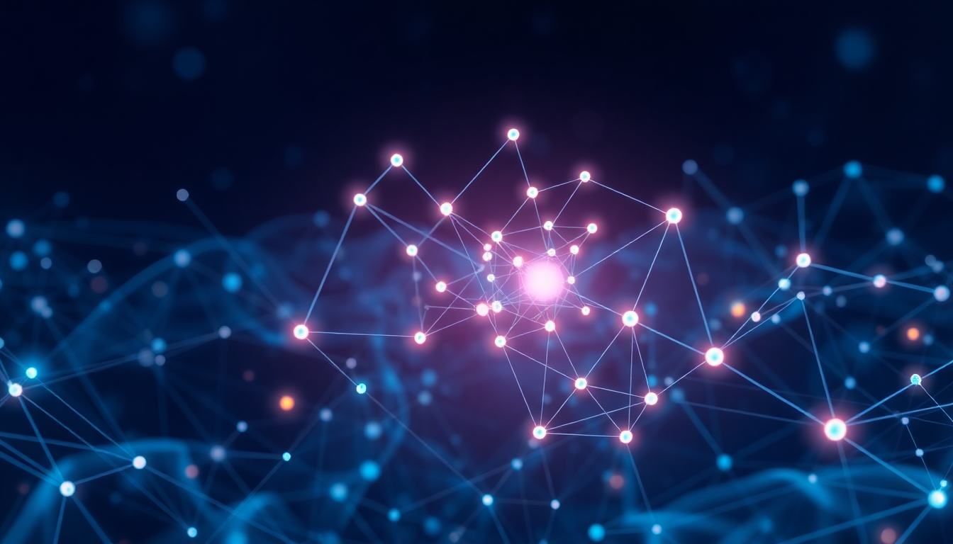 Abstract blue and pink neural network illustration with connected glowing nodes.