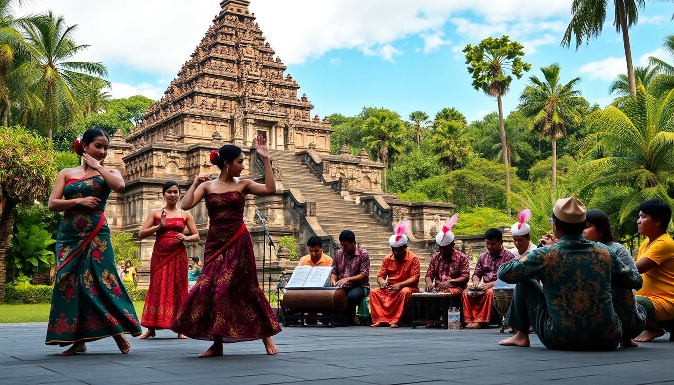 Dancers in colorful batik sarongs perform outdoors in front of a carved stone Javanese temple, with musicians seated nearby.