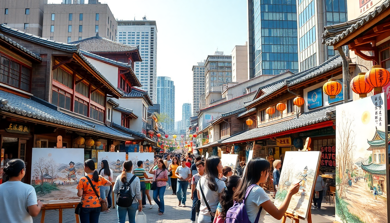 Busy street market with traditional wooden buildings, orange lanterns, and people painting on easels.