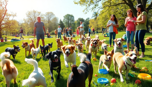 A sunny park scene with many dogs of different breeds running and playing among people and scattered toys.