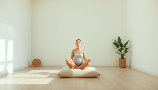 Woman meditating cross-legged on a beige cushion on a wooden floor in a bright, minimal room with a potted plant.