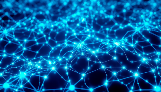 Abstract blue network of interconnected glowing nodes and lines on a dark background.