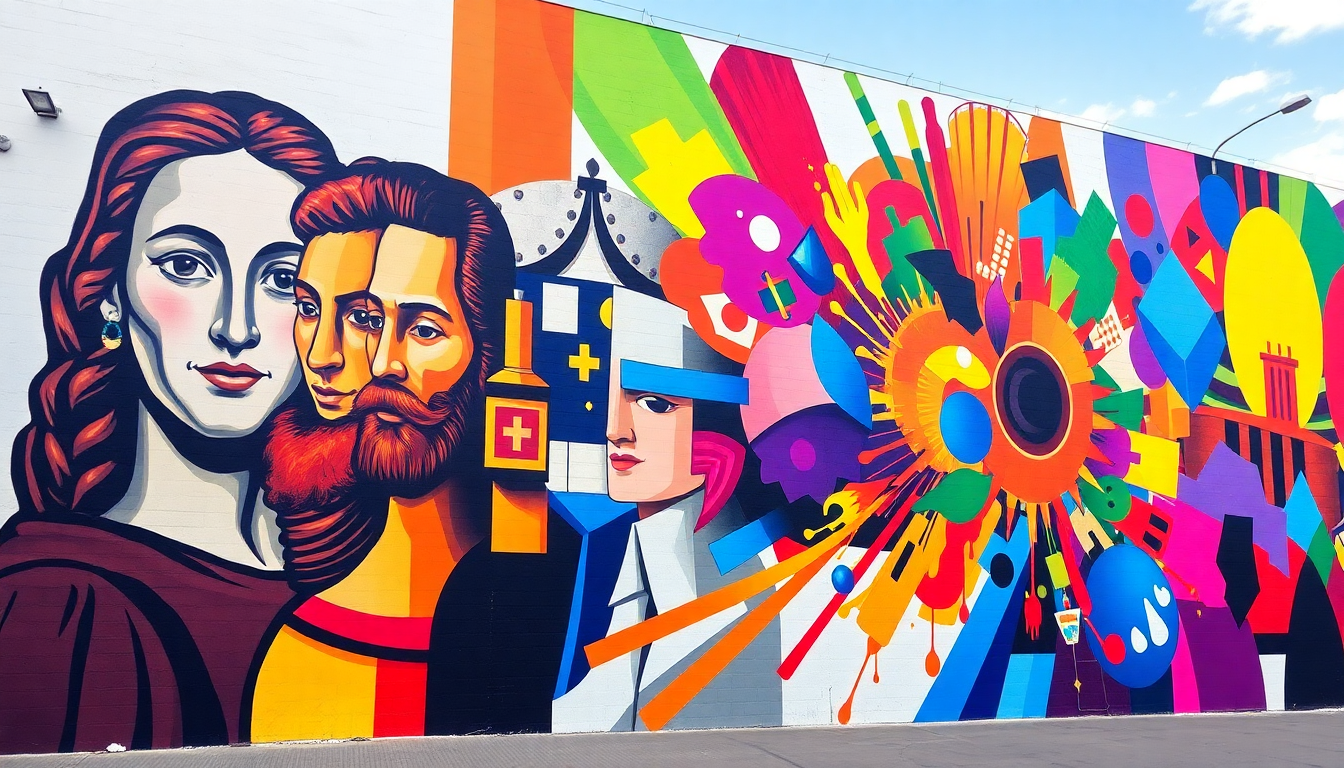 A vibrant mural featuring stylized faces on the left and a vivid explosion of geometric shapes and colors across the wall.