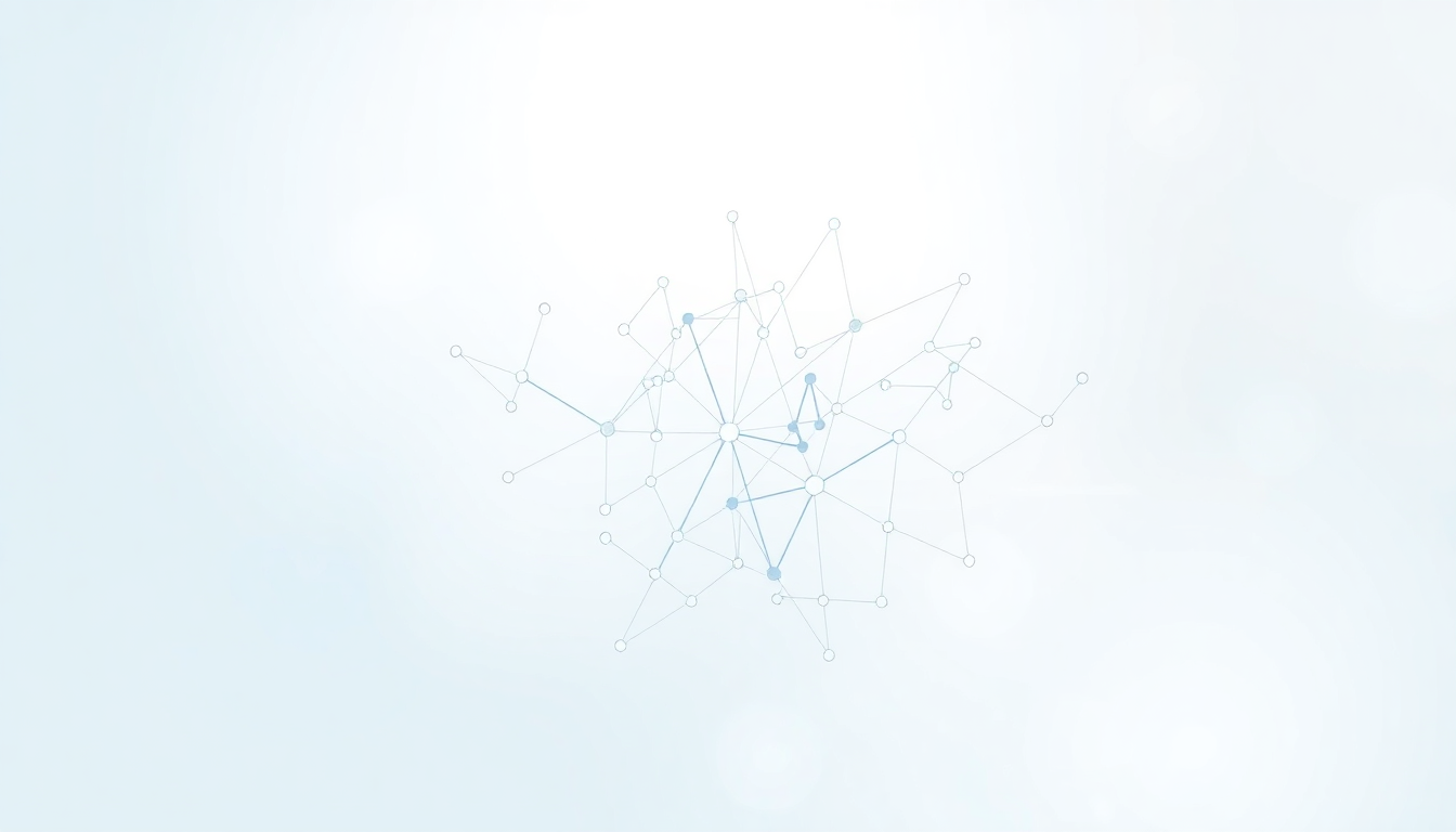 Abstract light blue network diagram with interconnected dots and lines centered on a pale gradient background.