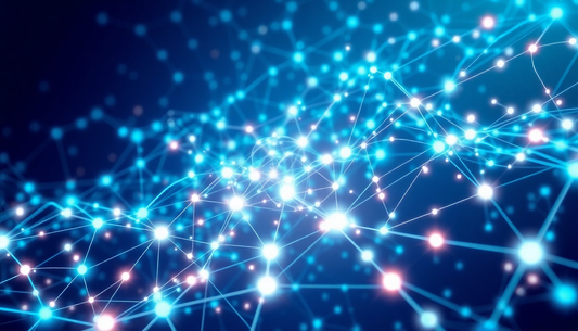 Abstract blue network of glowing points and connecting lines on a dark gradient background.