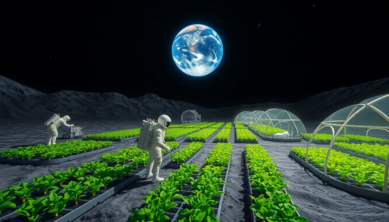 Two astronauts in white suits tending green lettuce-like crops in raised beds on the Moon, with hoop-style greenhouses and Earth visible
