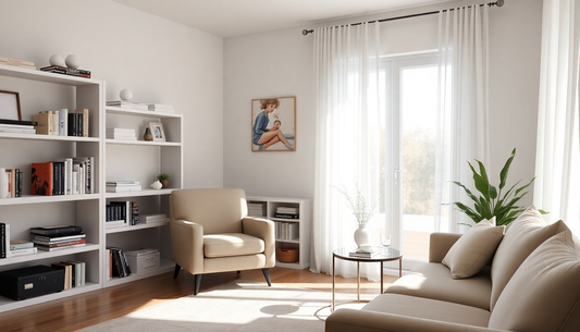 Bright living room with a beige sofa and armchair, white bookshelves, and sheer-curtain windows.