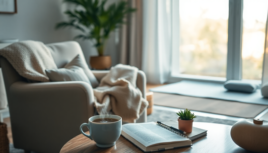 Cozy living room with a gray sofa, beige blanket, open book and notebook on a wooden coffee table, and a small potted succulent by a large