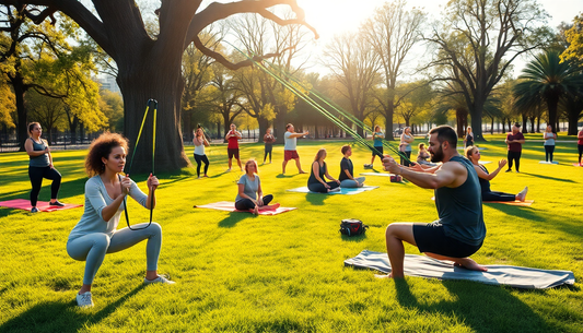 Group of people doing an outdoor fitness class on a sunny park lawn, with mats and a woman using resistance bands.