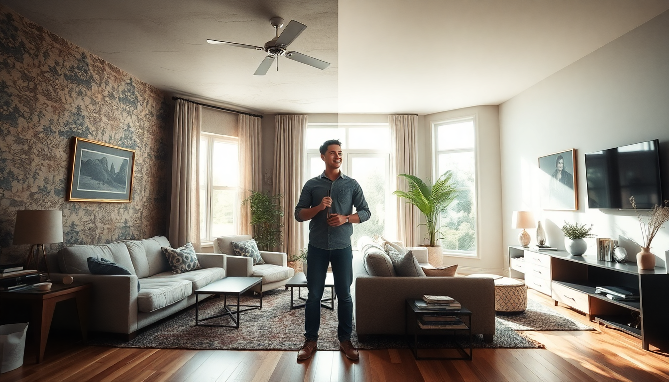 Man stands in a bright living room with beige sofas, wood floors, plants, and a wall-mounted TV.