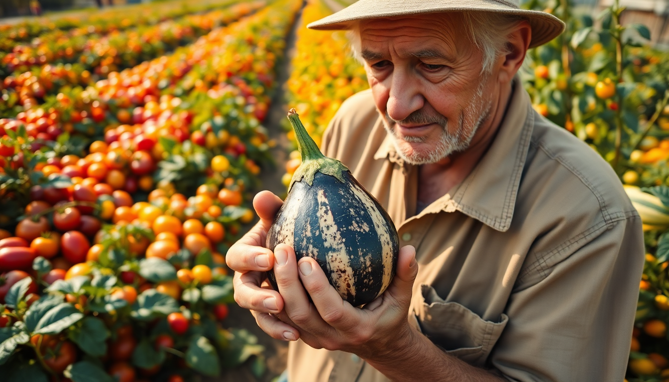 Older man wearing a tan shirt and hat holds a small dark striped eggplant while standing among rows of tomatoes.
