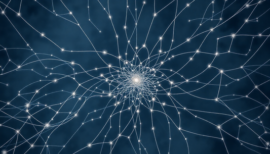 Close-up of a white neural-network-like web of interconnected glowing lines and nodes on a dark blue background.