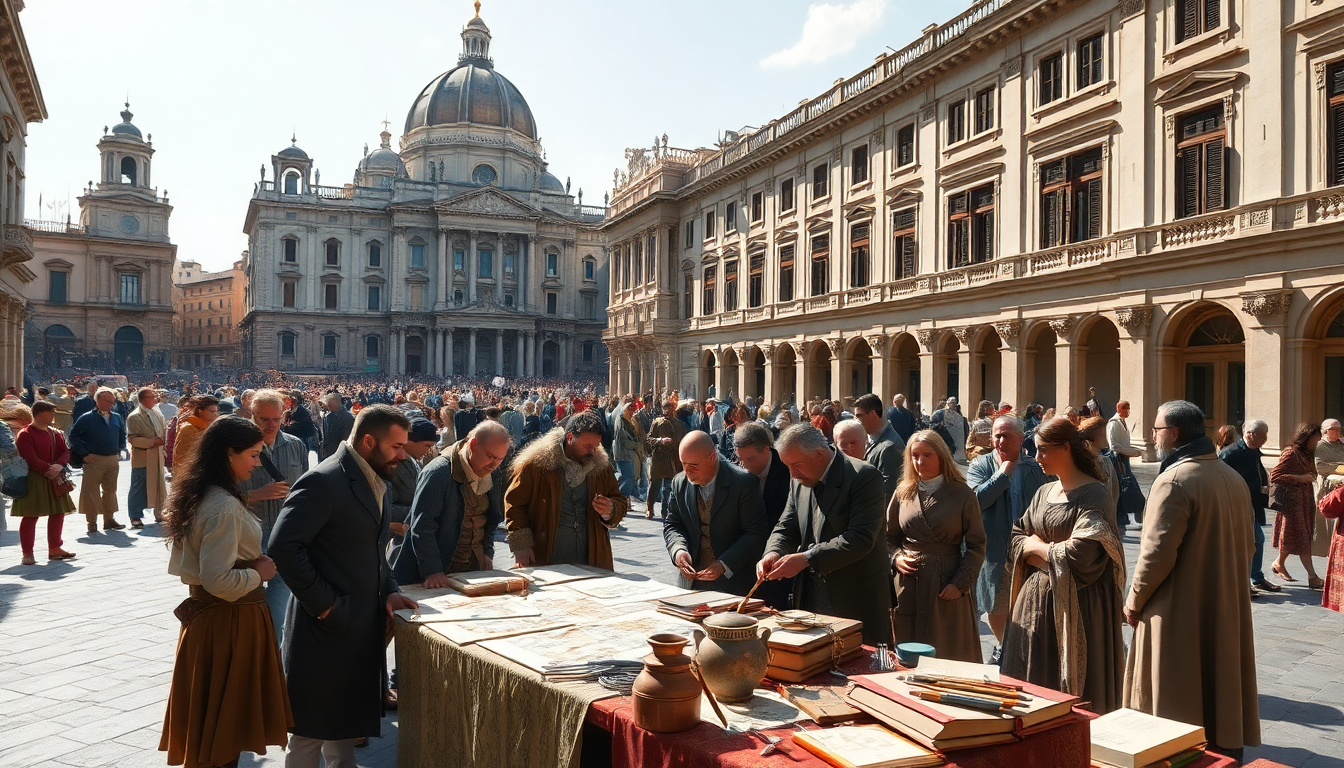 Group of people in Renaissance-era clothing gathered around a table with books and scrolls in a sunlit plaza.