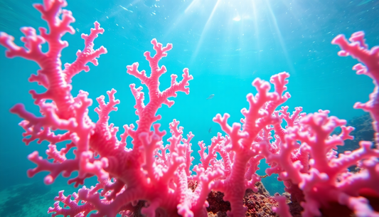 Pink elkhorn coral with branched, finger-like arms sits atop a rocky base in bright turquoise water with sunbeams filtering down.
