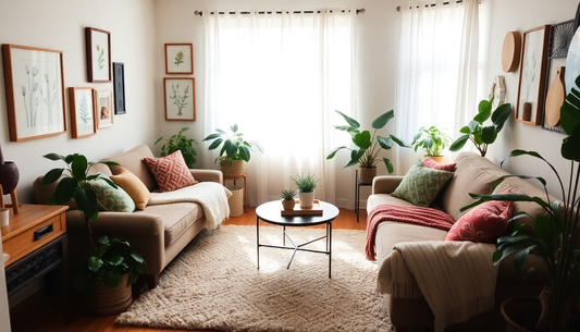 Bright living room with two beige sofas, potted plants, botanical framed art, and a round coffee table.