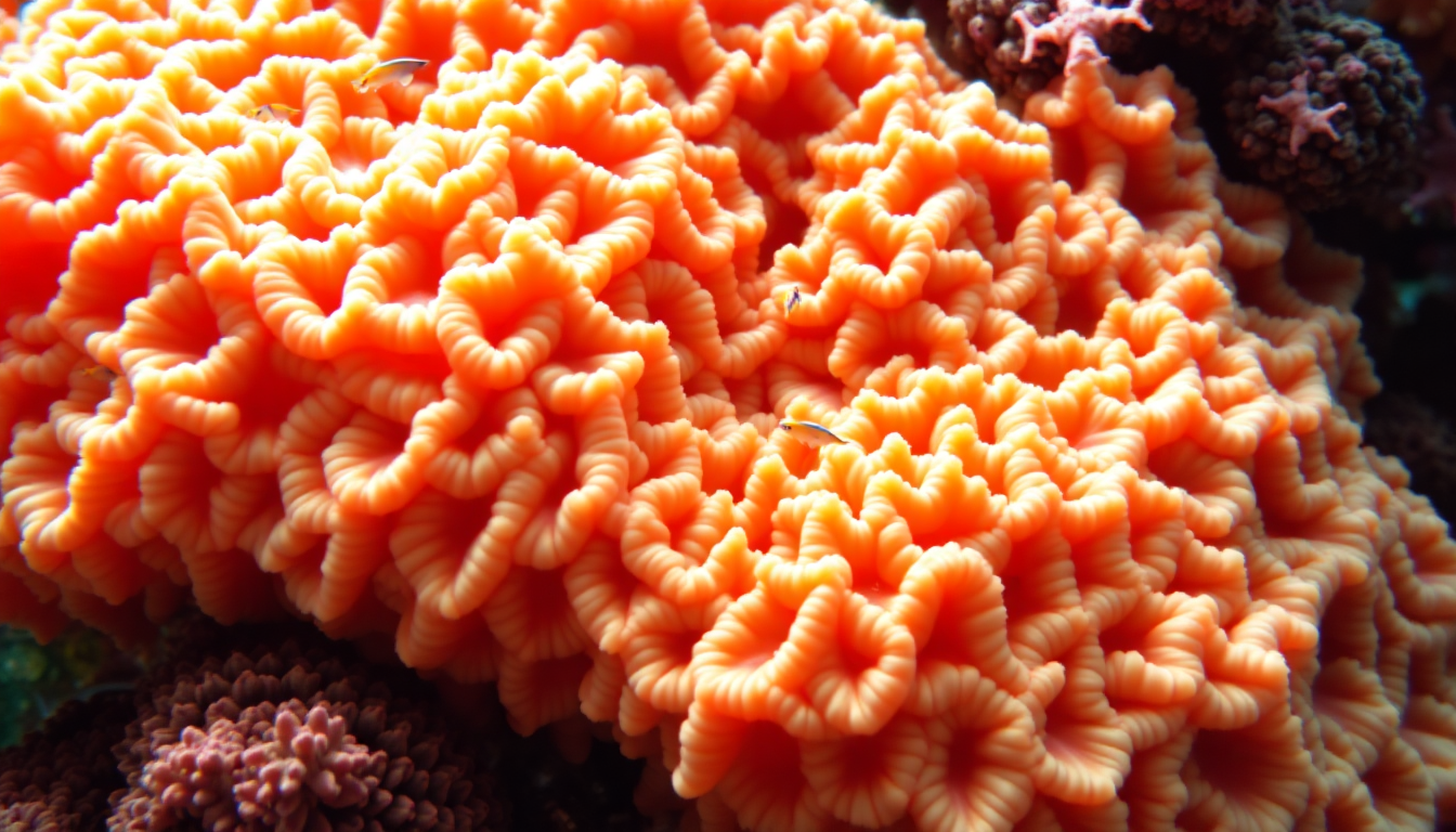 Close-up of bright orange, brain-like coral (Platygyra lamellina) with ribbed, wavy polyps.
