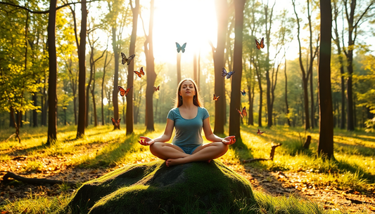Woman in a blue shirt sits in a lotus pose on a mossy rock in a sunlit forest, surrounded by butterflies.