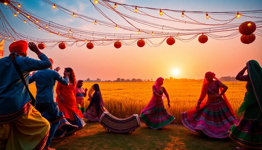 Group of people in bright traditional Punjabi outfits dancing in a golden field at sunset, under string lights and red lanterns.