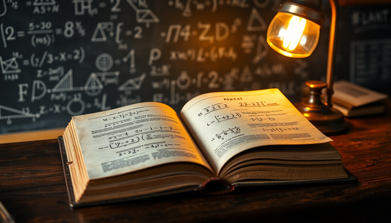 Open vintage math notebook with handwritten equations on a wooden desk, beside a warm glow desk lamp.