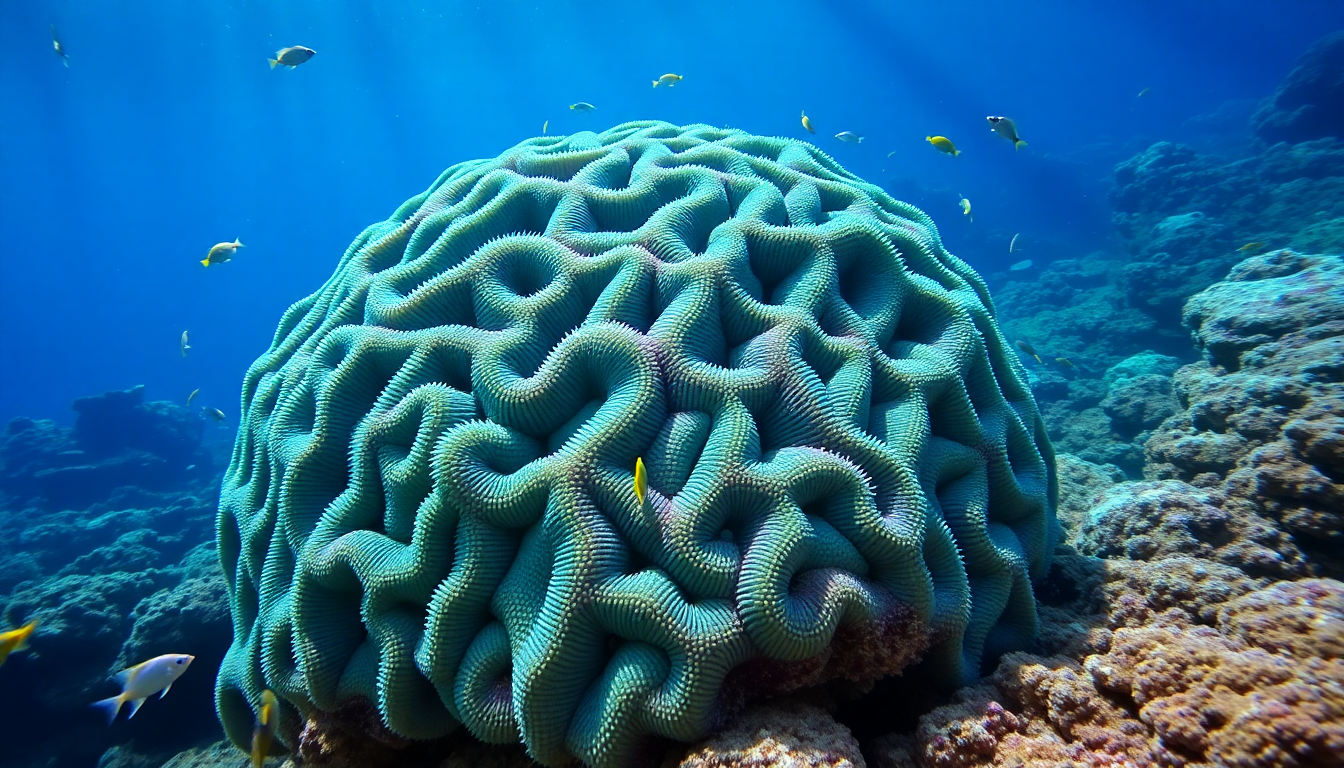 Large blue-green brain coral (Oulophyllia crispa) with wavy ridges on a rocky reef, surrounded by small tropical fish.