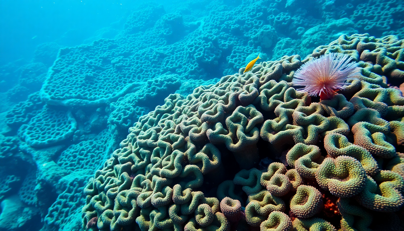 Underwater view of a dense brain coral colony with greenish ridges and a pink sea anemone on top, with a small yellow fish nearby.
