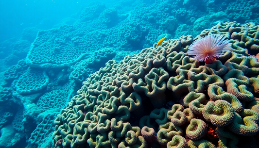 Underwater view of a dense brain coral colony with greenish ridges and a pink sea anemone on top, with a small yellow fish nearby.