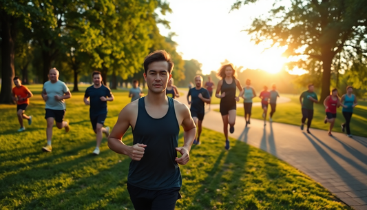 Group of diverse runners wearing athletic clothes running on a park path at sunset.