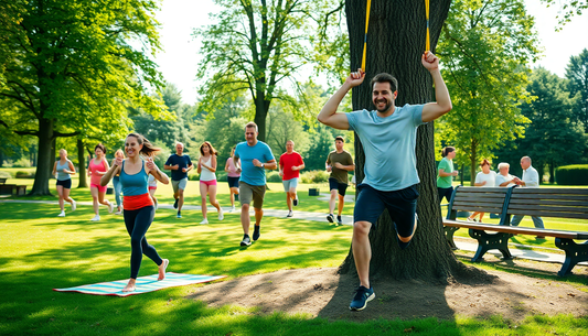 Group of adults exercising in a sunny park; a man in a light blue shirt swings from yellow straps attached to a tree while others jog and