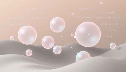 Pastel pink and white spheres of varying sizes float above soft beige desert dunes, with faint white lines and equations in the background.