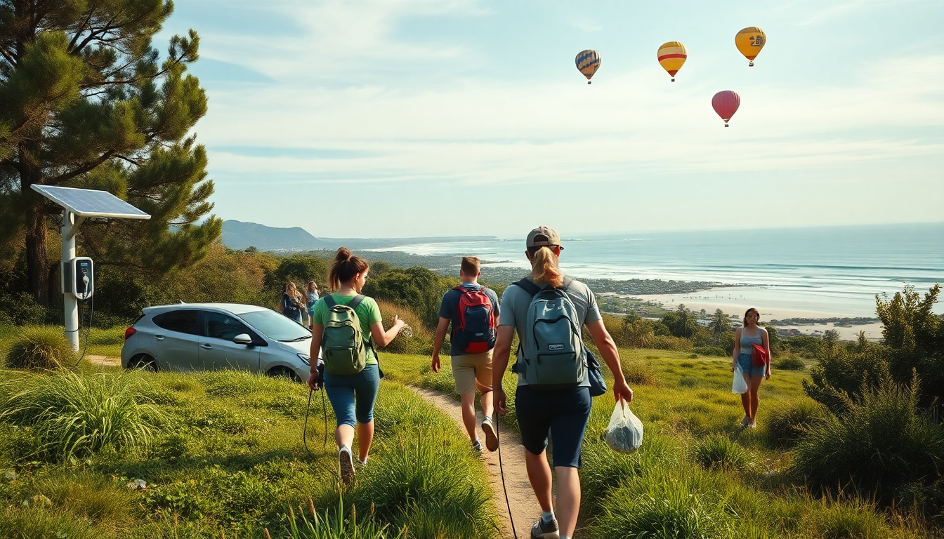 Group of hikers with backpacks walking along a grassy path toward a beach, with a solar charging station and a car on the left.