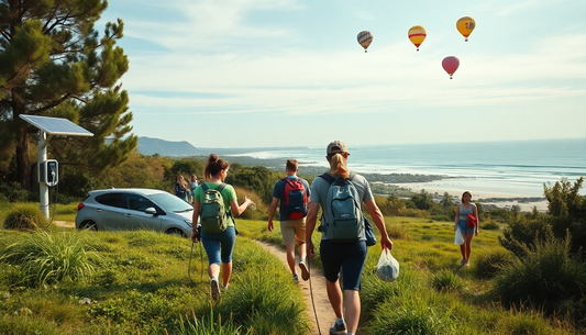 Group of hikers with backpacks walking along a grassy path toward a beach, with a solar charging station and a car on the left.