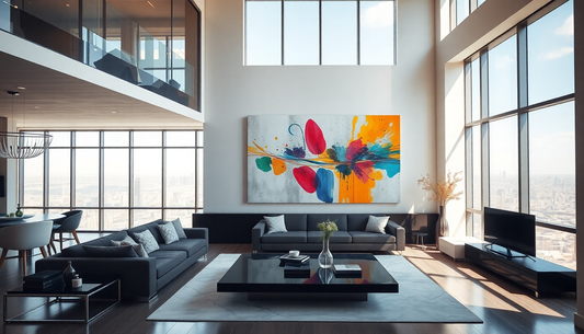 Modern living room with two dark gray sofas, a black glass coffee table, and a large colorful abstract painting above them near